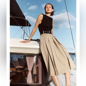 NWT Zara Combination Cotton Midi Dress In Black & Tan Size S